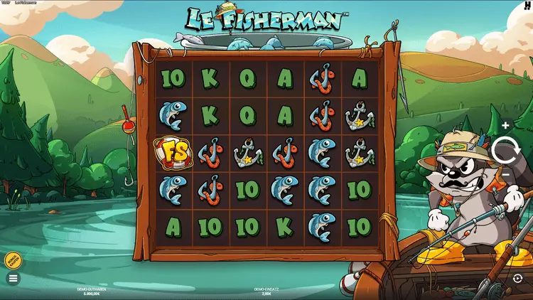 Le Fisherman Basisspiel mit Smokey am See und vollem 6x5 Raster