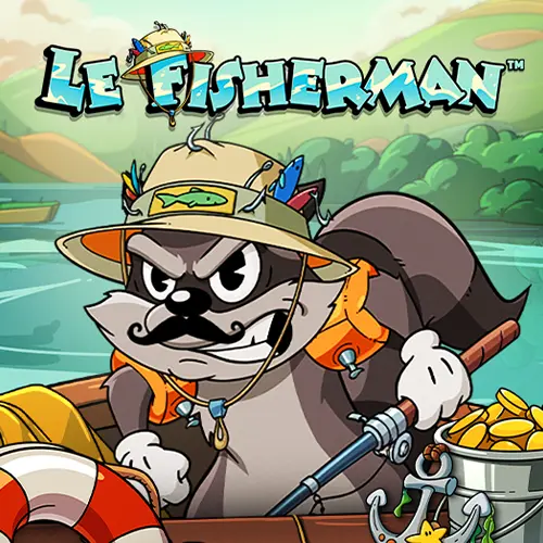 Le Fisherman Smokey der Waschbär mit Angelausrüstung
